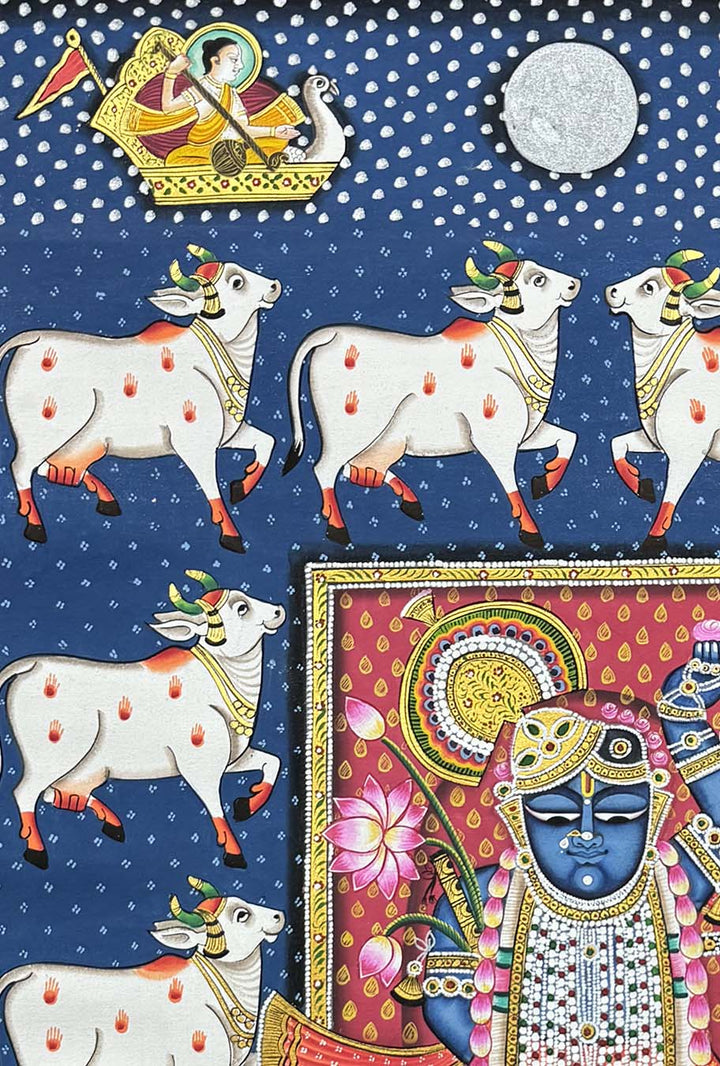 cows pichwai painting, closeup angel
