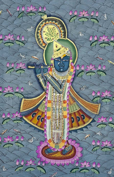 Shrinathji in Kamal Talai - Handmade Pichwai Painting (Unframed / 34 x 22.5 inches)