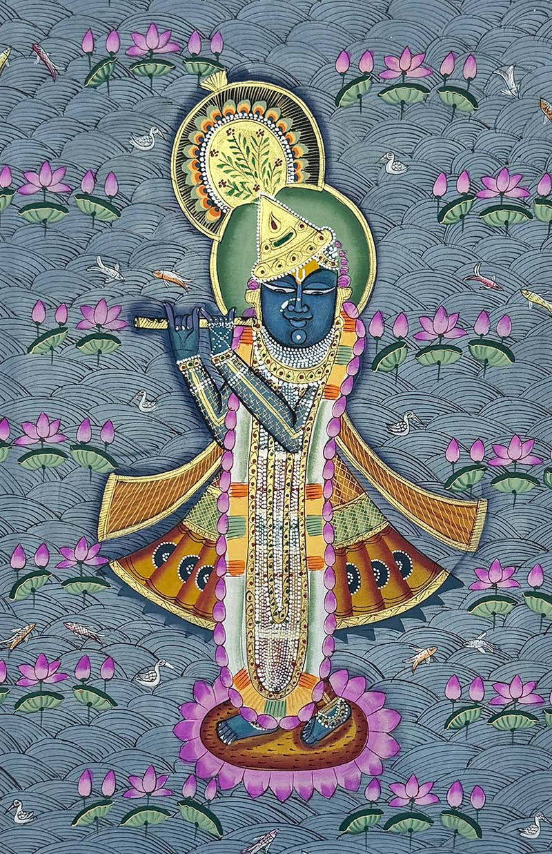 Shrinathji in Kamal Talai - Handmade Pichwai Painting (Unframed / 34 x 22.5 inches)