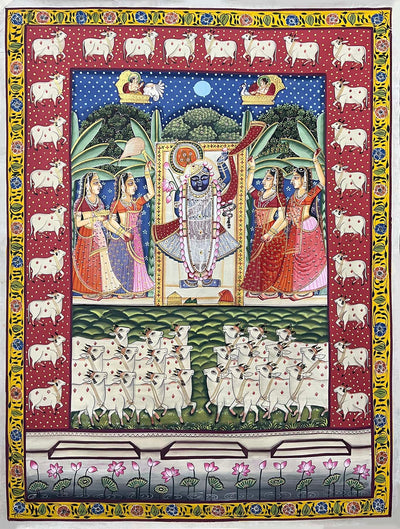 Shrinathji with Gopis & Cows -Handmade Pichwai Painting (Unframed / 34.5(w) x 45.5(h) Inches)