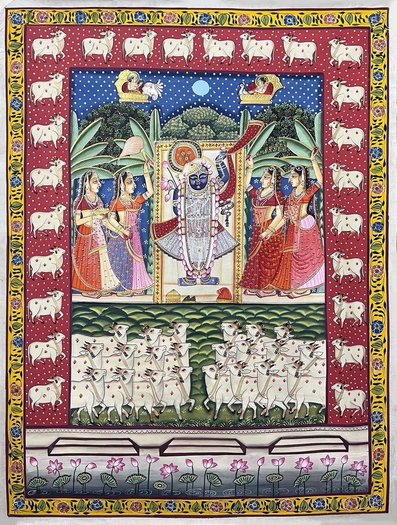 Shrinathji with Gopis & Cows -Handmade Pichwai Painting (Unframed / 34.5(w) x 45.5(h) Inches)