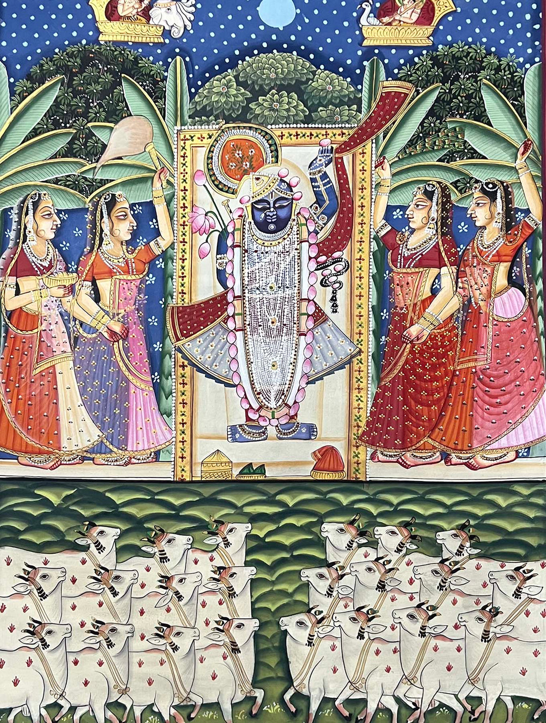 Shrinathji with Gopis &amp; Cows -Handmade Pichwai Painting (Unframed)