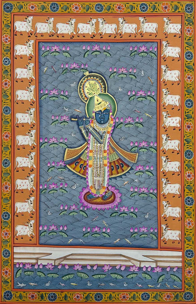 Shrinathji in Kamal Talai - Handmade Pichwai Painting (Unframed / 34 x 22.5 inches)