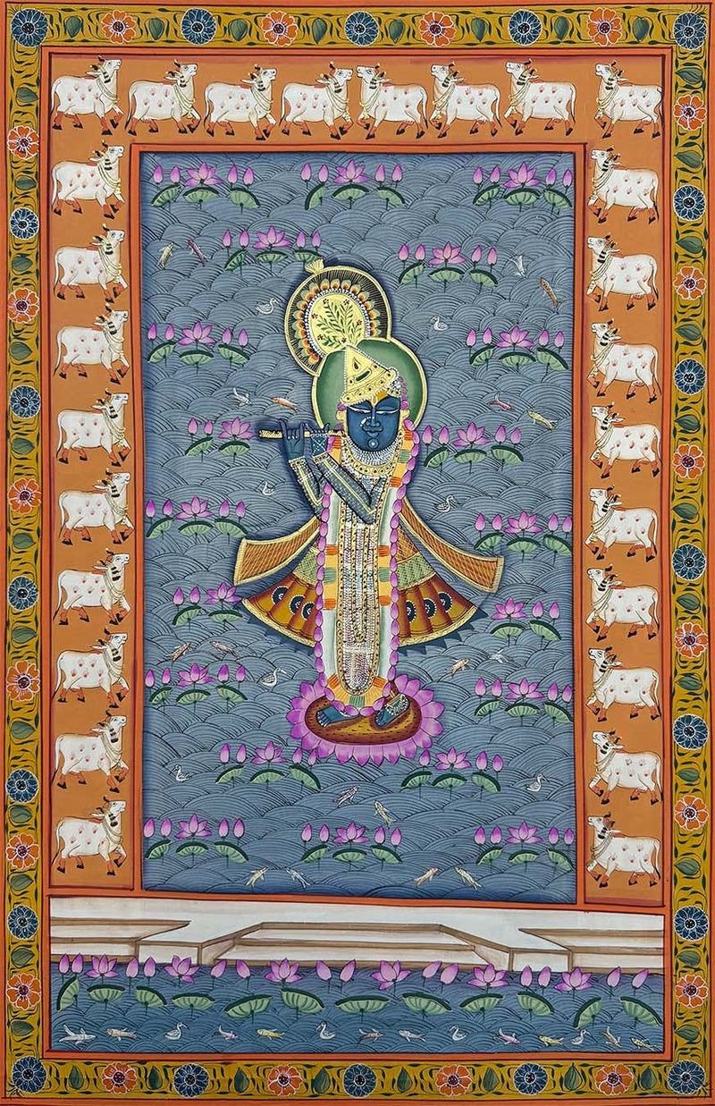 Shrinathji in Kamal Talai - Handmade Pichwai Painting (Unframed / 34 x 22.5 inches)