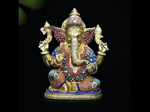 Brass Sitting Ganesha with Stone Work