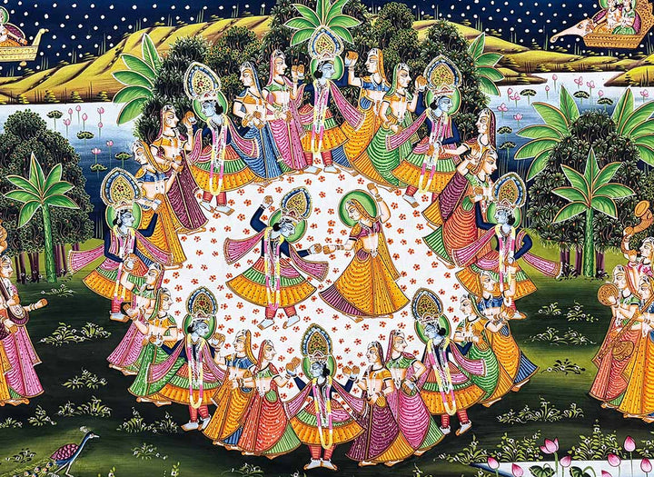 Krishna Raas Leela - Handmade Pichwai Painting (Unframed / 81.2 x 110.4 cm)
