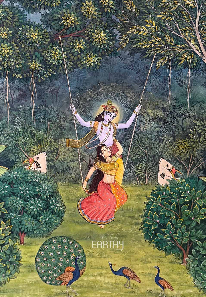 Swing of Divine Love - Pichwai Painting (Handmade / Unframed / 111.7 x 167.6 cm)