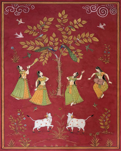Handmade Pichwai painting of Gopiyas celebrating under a tree of life