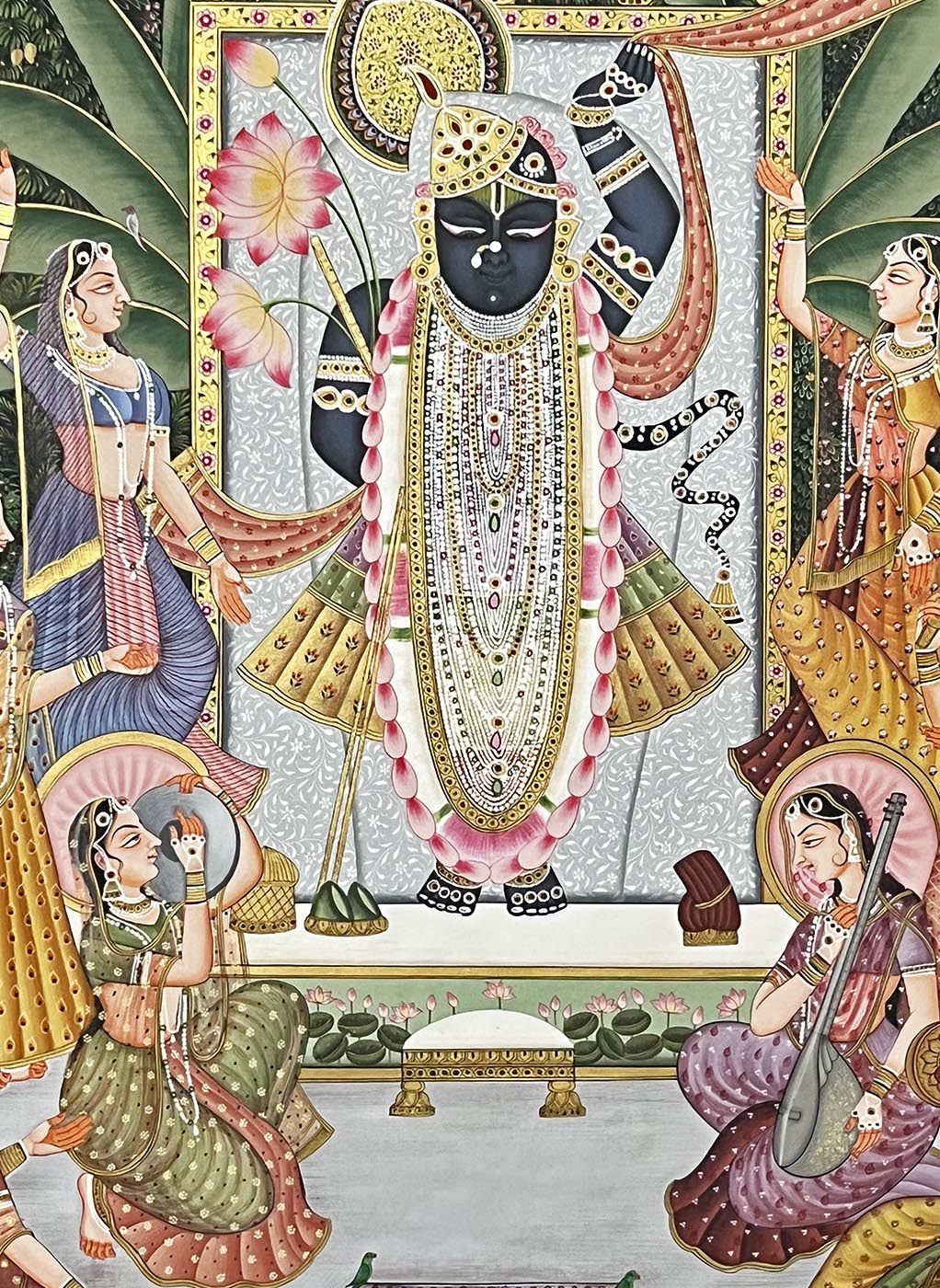 shrinathji pichwai painting, closeup