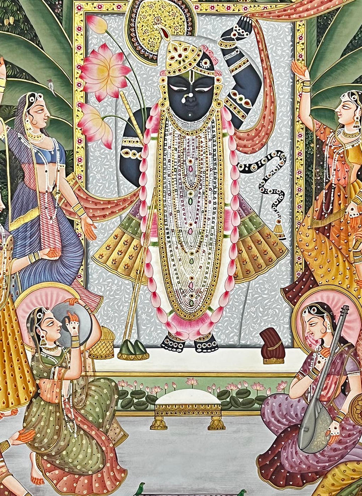 shrinathji pichwai painting, closeup