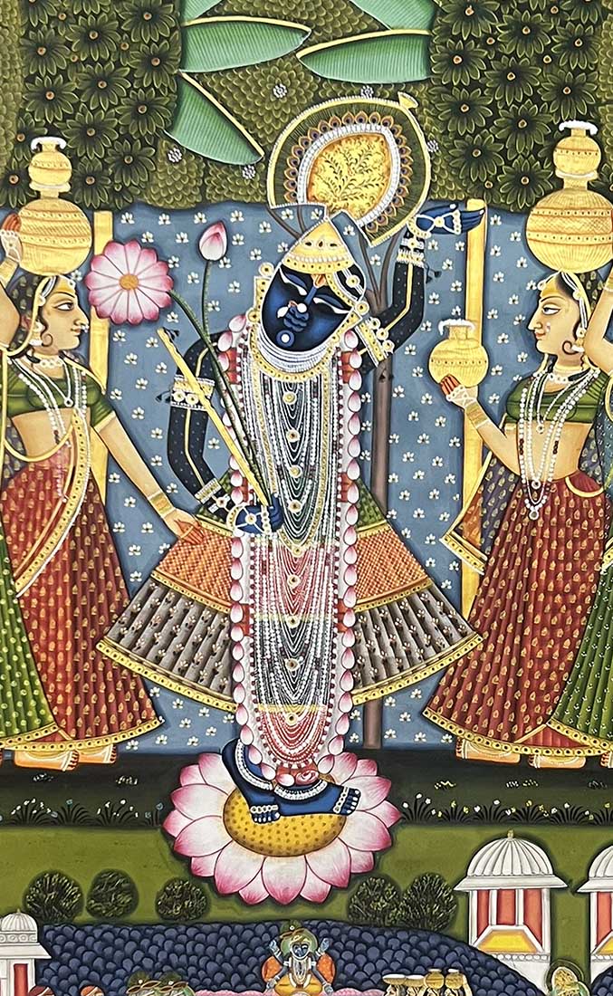 shrinathji pichwai painting, closeup