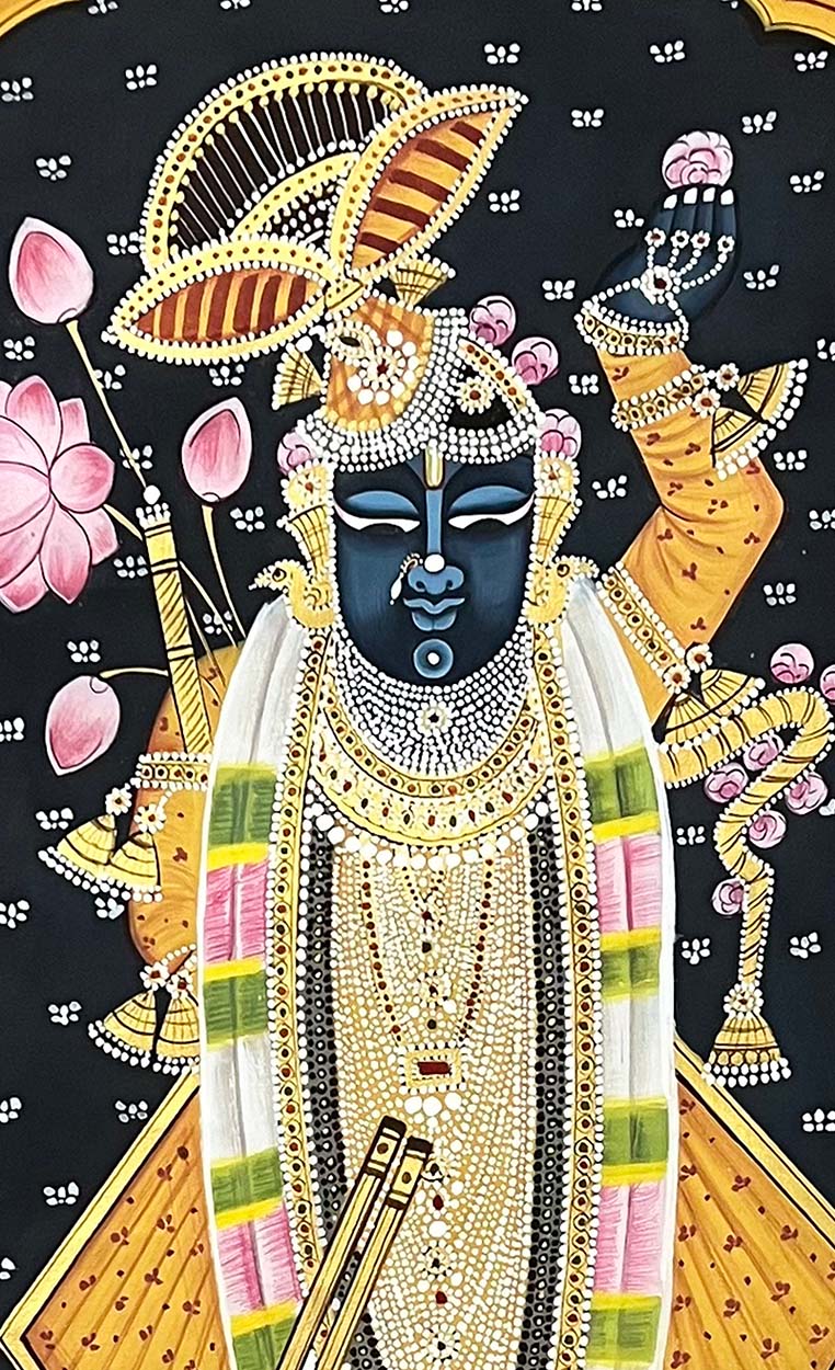 shrinathji pichwai painting, closeup