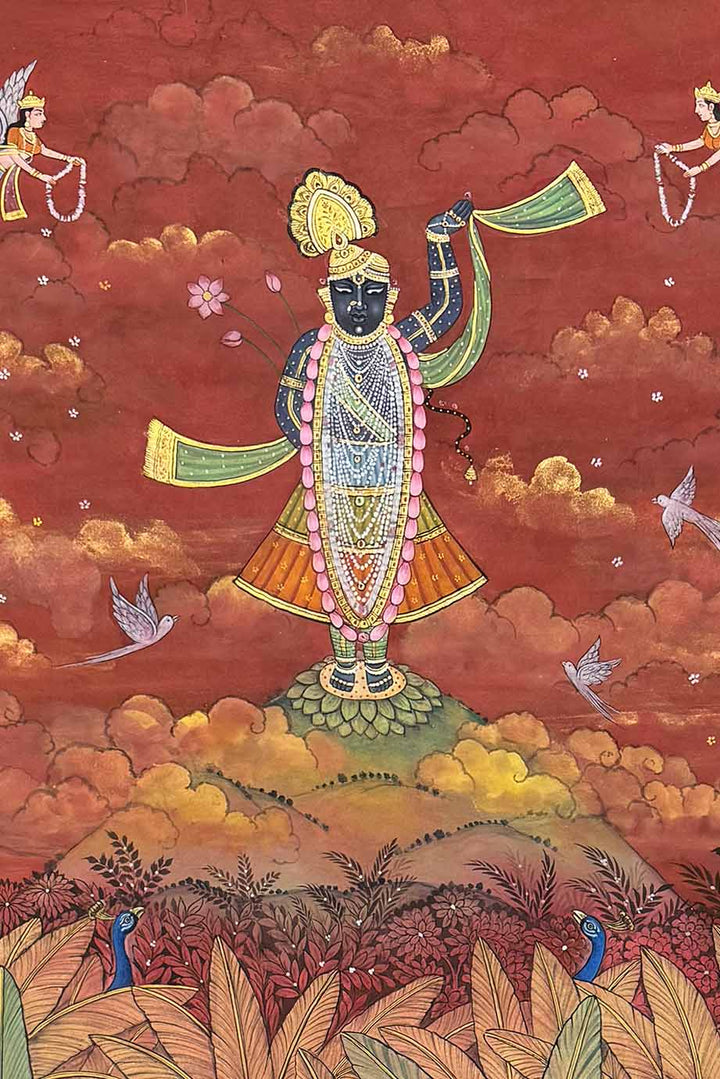 Shrinathji Blessing the Sacred Van - Pichwai Painting (Handmade / Unframed / 111.7 x 167.6 cm)