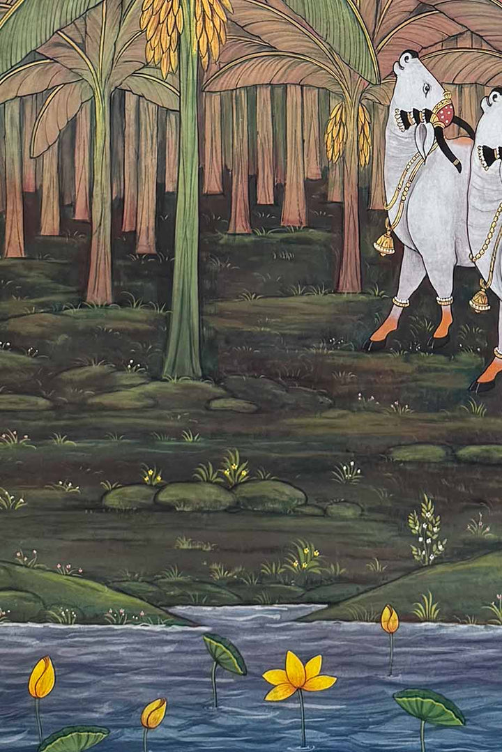 Shrinathji Blessing the Sacred Van - Pichwai Painting (Handmade / Unframed / 111.7 x 167.6 cm)