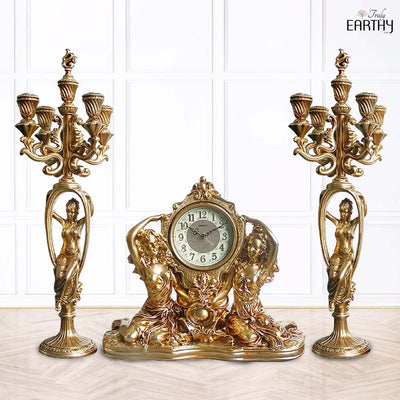 Belgium Antique Table Clock & Candelabra Candlestick - Set of 3