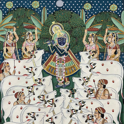 The Handmade Pichwai Painting (Shrinathji & Cows - Gopasthmi (Unframed / 21.75 (w) x 33 (h) inches)