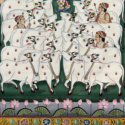 The Handmade Pichwai Painting (Shrinathji & Cows - Gopasthmi (Unframed / 21.75 (w) x 33 (h) inches)