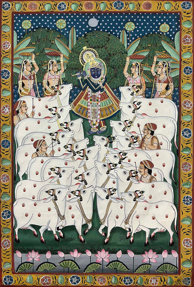 The Handmade Pichwai Painting (Shrinathji & Cows - Gopasthmi (Unframed / 21.75 (w) x 33 (h) inches)