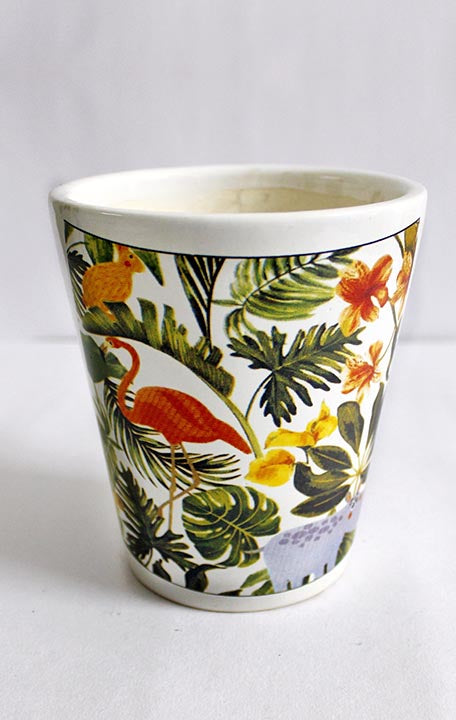 alt="jungle crane ceramic planter"