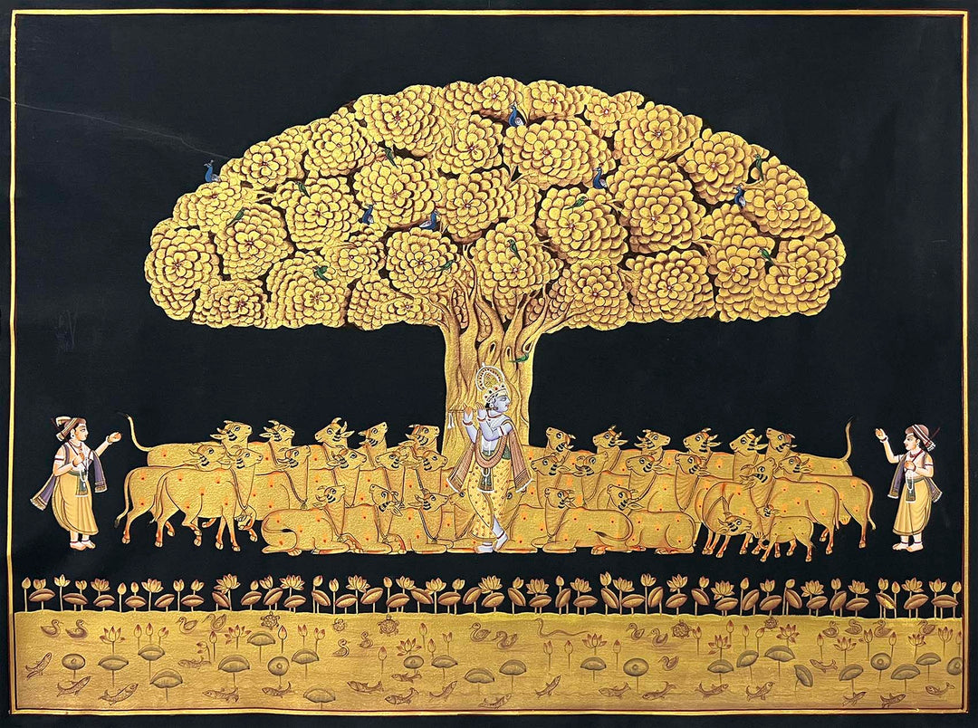 Handmade Krishna &amp; Cows Painting (Unframed)