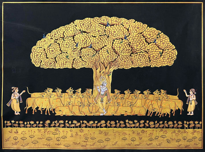 Handmade Krishna &amp; Cows Painting (Unframed)