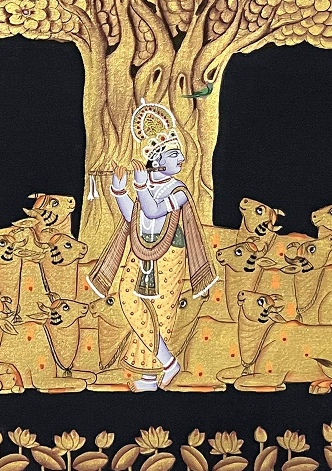 Handmade Krishna &amp; Cows Painting (Unframed)