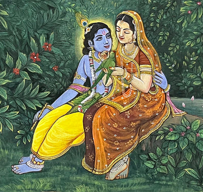 Handmade Krishna & Radha ji Painting (Unframed / 37(w) x 40.5(h) inches)