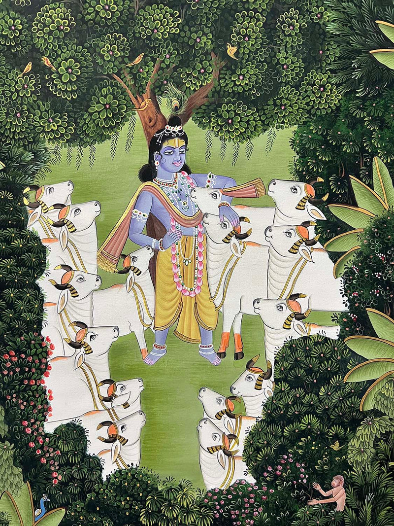 The Garden of Krishna - Handmade Painting (Unframed / 34(w) x 46(h) inches)