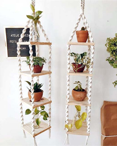 alt="macramé wooden shelf"