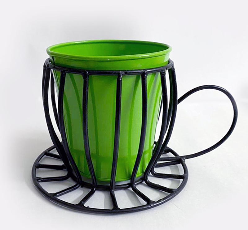 green metal cup planter