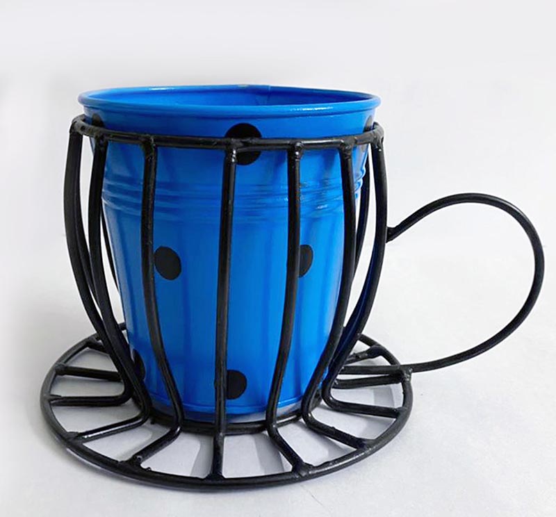 blue metal cup planter