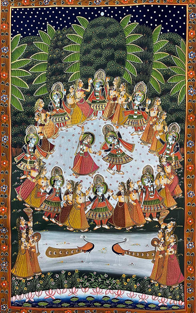 Handmade Lord Krishna Raas-Leela Painting (Unframed / 19 (w) x 30.5 (h) inches)