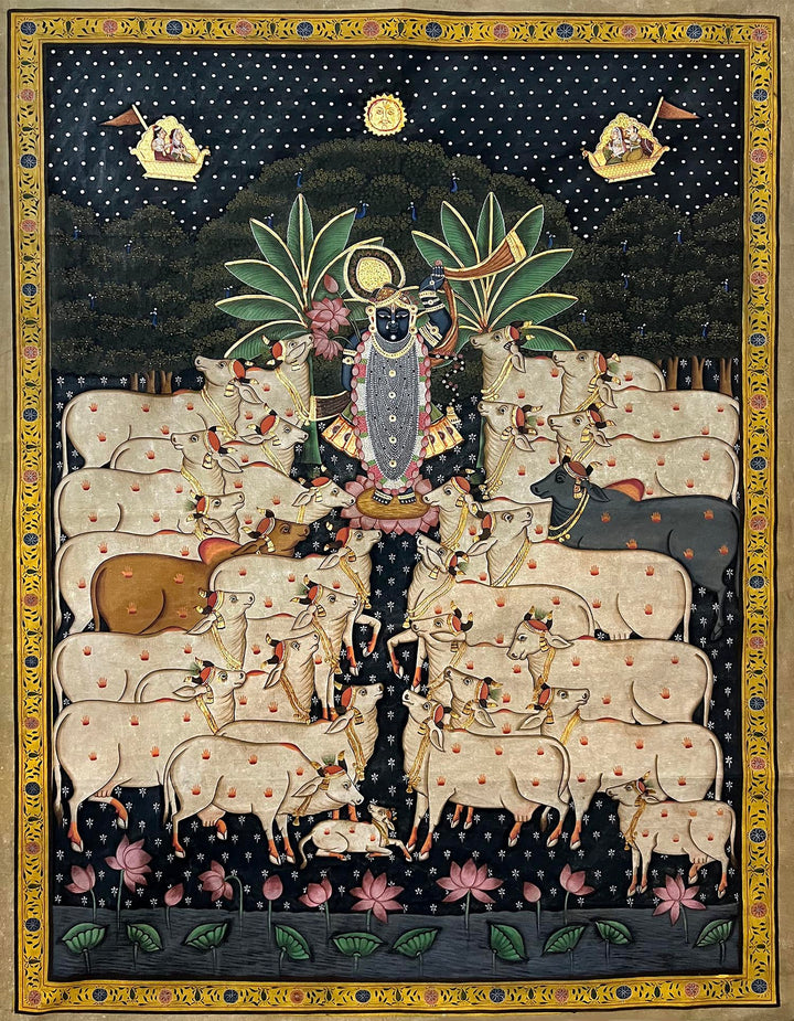 The Handmade Pichwai Painting - Antique Lord Shrinathji with Cows ( Unframed / 83.8 x 114.3 cm)