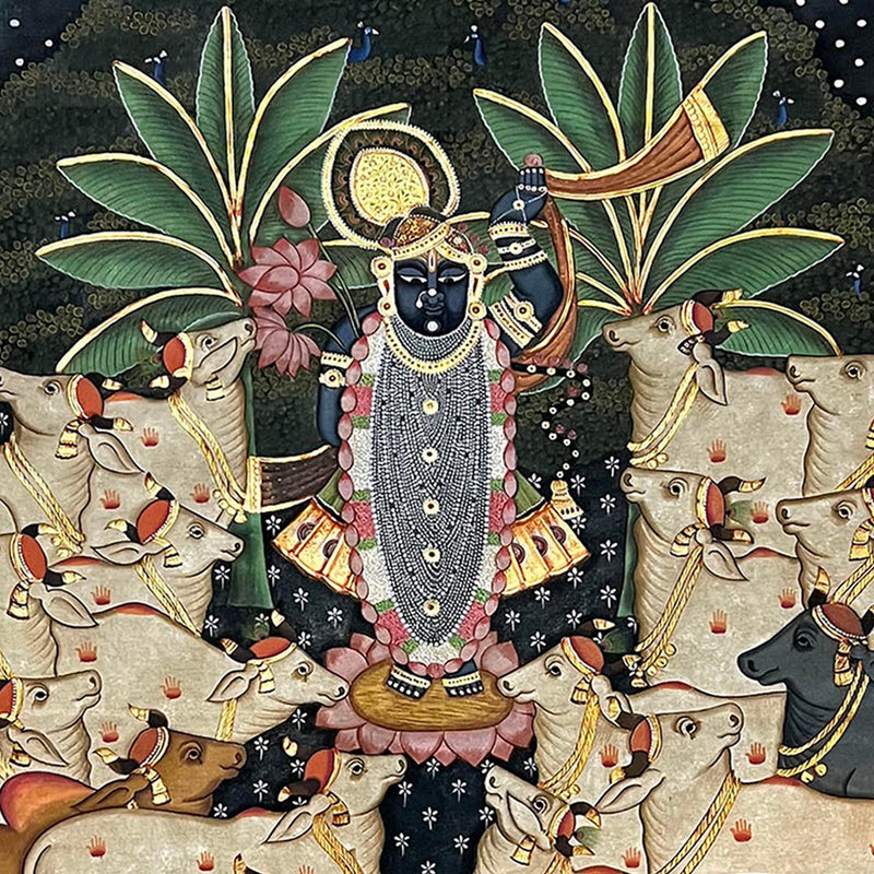 The Handmade Pichwai Painting - Antique Lord Shrinathji with Cows (Gold Pigment Work / Unframed / 33 (w) x 45 (h) inches)