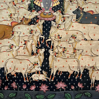 The Handmade Pichwai Painting - Antique Lord Shrinathji with Cows ( Unframed / 33 (w) x 45 (h) inches)