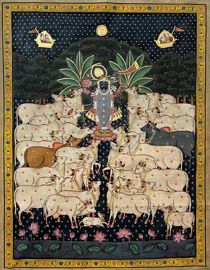 The Handmade Pichwai Painting - Antique Lord Shrinathji with Cows ( Unframed / 33 (w) x 45 (h) inches)