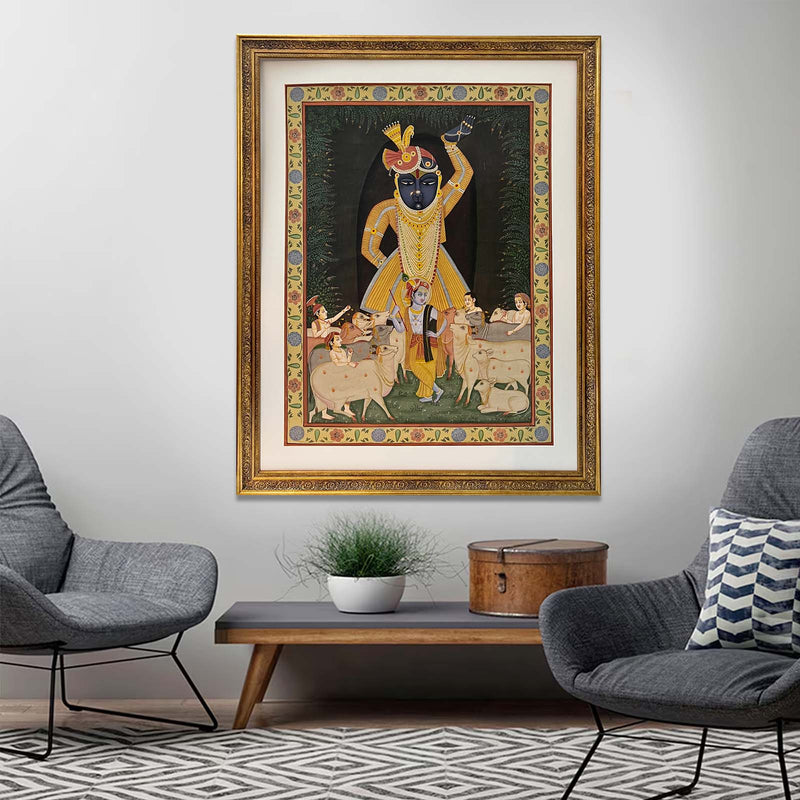 The Handmade Pichwai Shrinathji Painting(Framed / 28 (w) x 35 (h) inches)