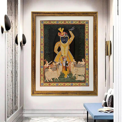 The Handmade Pichwai Shrinathji Painting(Framed / 28 (w) x 35 (h) inches)