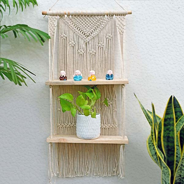 Macramé Woven Rope Bohemian Double Shelves